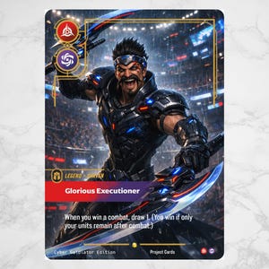 Puede incluir: Carta coleccionable con una ilustración digital de un guerrero con armadura futurista, empuñando dos espadas brillantes. La carta tiene el texto "Glorious Executioner" y "Cyber Gladiator Edition".