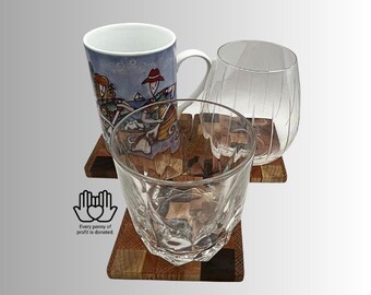Juego de posavasos de madera dura hechos a mano, con patrón de veta final, con soporte
