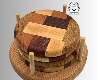 Artisan Hardwood Coaster Set with Holder • Natural Grain Variation • Charity Support