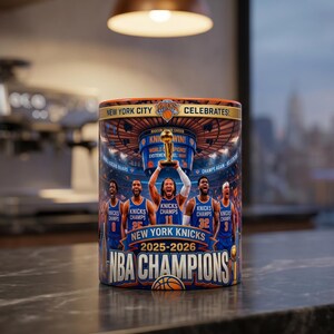 Puede incluir: Una taza de cerámica con un gráfico del equipo de baloncesto New York Knicks celebrando el campeonato de la NBA 2025-2026. El diseño incluye jugadores con camisetas azules, el trofeo Larry O'Brien y el texto New York City Celebrates.