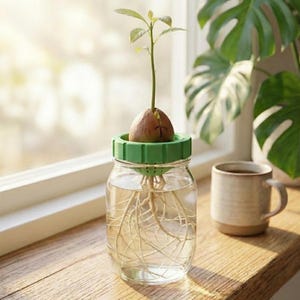 Puede incluir: Un frasco de vidrio transparente con una semilla de aguacate brotando raíces en agua. La semilla se mantiene en su lugar con un anillo de plástico verde. Una pequeña planta con hojas verdes crece de la semilla. Una taza de café está cerca.