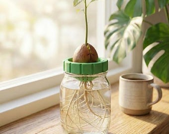 Op de afbeelding: Een heldere glazen pot met een avocadozaadje dat wortels in water laat ontkiemen. De zaad wordt op zijn plaats gehouden door een groene plastic ring. Een kleine plant met groene bladeren groeit uit de zaad. Een mok koffie staat in de buurt.