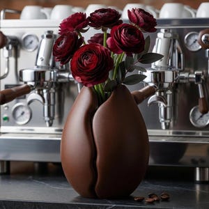 May include: A brown, coffee bean-shaped vase holds a bouquet of deep red flowers. The vase is set on a dark surface, with a professional espresso machine in the background. Coffee beans are scattered near the vase.