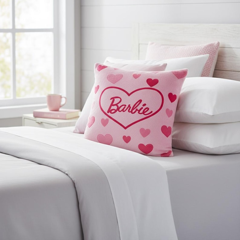 May include: A pink decorative pillow with a heart-shaped design and the name "Barbie" in cursive. The pillow is adorned with various pink hearts. The pillow is placed on a bed with white sheets and pillows, creating a soft and inviting aesthetic.