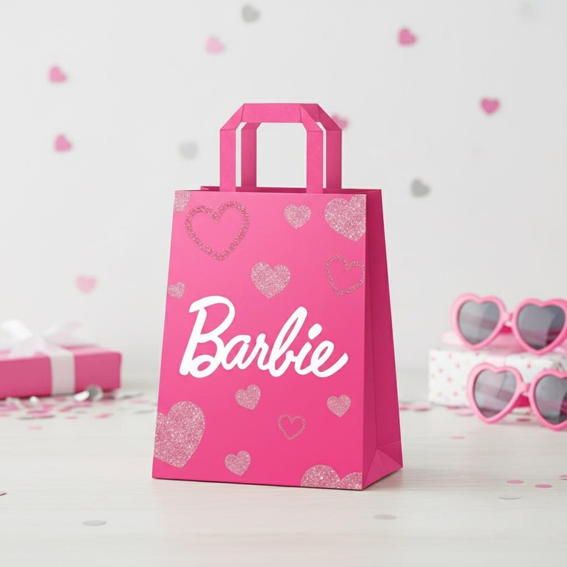 May include: A bright pink gift bag with the word "Barbie" in white script. The bag is decorated with glittery and solid pink hearts. Pink heart-shaped sunglasses and a wrapped gift are in the background.