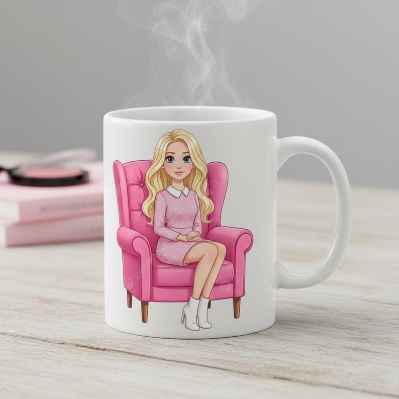 May include: White ceramic mug featuring a cartoon illustration of a woman with blonde hair sitting in a pink armchair. The woman is wearing a pink dress and white boots. Steam rises from the top of the mug.