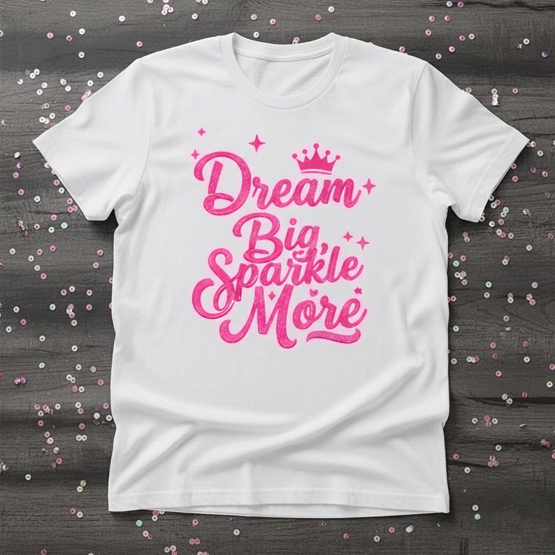 May include: White t-shirt with a pink graphic that reads "Dream Big Sparkle More." The design includes a crown, stars, and decorative lettering. The shirt is made of a soft material and has a classic crew neck.