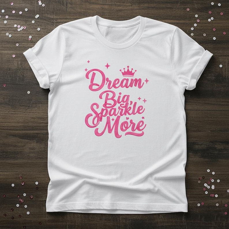 May include: White t-shirt with the text "Dream Big Sparkle More" in pink script. The design includes a crown and stars. The shirt is made of a soft material and has rolled-up sleeves.