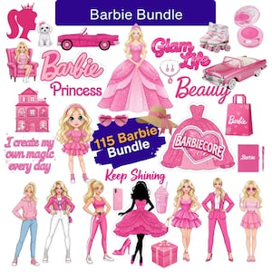 May include: A selection of pink Barbie-themed stickers and illustrations. The image features Barbie figures, a pink convertible car, roller skates, and text including "Barbie Bundle", "Princess", "Glam Life", and "Barbiecore".