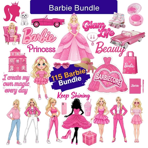 Pink Doll Clipart Bundle, Retro Fashion Barbie-Style Graphics, Barbie PNG, Stickers, Party, T-Shirt, Tumbler & Birthday Designs, digital art