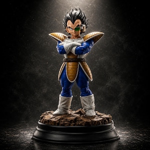 Peut inclure: Une figurine détaillée d'un personnage aux cheveux noirs en pointe, portant une armure bleue et blanche avec des plaques d'épaule et de taille marron clair. Il porte un scouter vert sur un œil, des gants et des bottes blancs sur un socle rocheux.