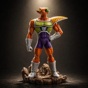 Può includere: Un action figure umanoide arancione muscoloso in piedi su una base rocciosa. Il personaggio indossa una piastra pettorale verde chiaro con un emblema centrale scuro, pantaloncini viola, guanti bianchi e stivali bianchi. Una spalla presenta un grande pezzo di armatura gialla a punta.