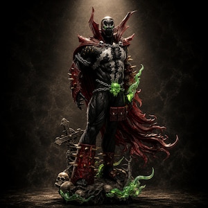 May include: A detailed Spawn action figure featuring a black suit with white chest markings, a flowing red cape, spiked gauntlets, and a green skull belt buckle. The figure stands on a base decorated with skulls, a cross, and green energy effects.
