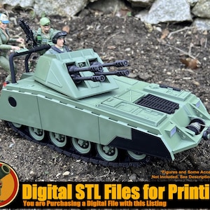May include: A green plastic toy tank model featuring a rotating turret with dual black cannons, black treads, and moulded surface details. The tank is shown with three small action figures positioned on and around the vehicle, including one in the turret.