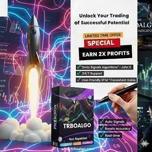 May include: A graphic featuring a rocket launching with a trail of fire and smoke, set against a backdrop of neon lines and financial charts. The image promotes "TRBOALGO" with text indicating "Earn 2X Profits" and "Auto Signals."