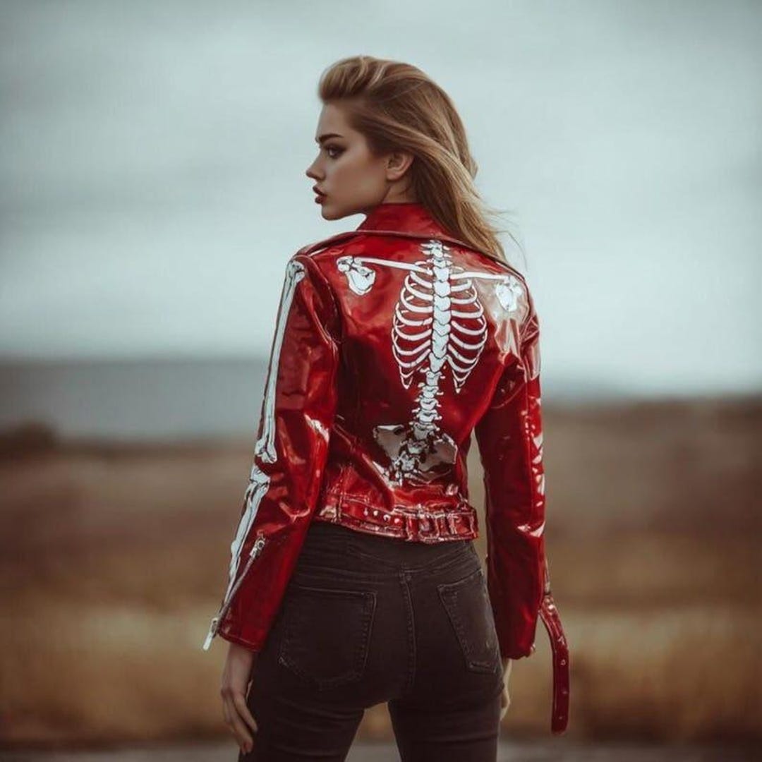 Women’s Red Skeleton Leather Jacket – Gothic Punk Rock Biker Moto Style ...