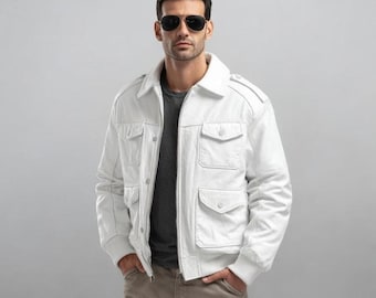 Men's White Leather Bomber Jacket | Vintage Aviator Style