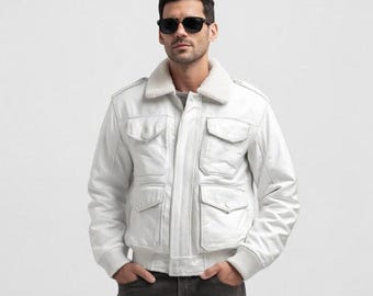 Men's Distressed Leather Bomber Jacket | White Aviator with Shearling Collar