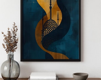 Modern Islamic Mosque Wall Art | Abstract Gold & Blue Print | Ottoman Style | Modern Wall art | Crescent Moon art