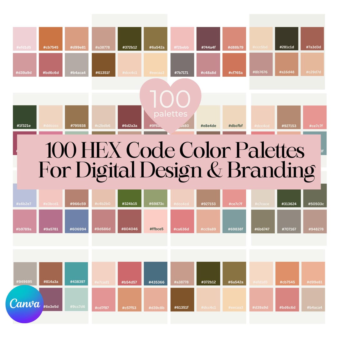 100 HEX Color Palette Bundle for Canva | Soft Feminine Branding Colors ...