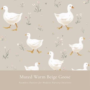 May include: A seamless pattern featuring white geese with orange beaks and feet scattered across a muted warm beige background, interspersed with small, delicate hand-drawn floral sprigs in soft green, white, and yellow tones throughout the design.
