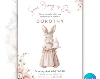 Bunny Erste Geburtstagseinladung, Blush Pink Floral, bearbeitbare Canva-Vorlage (5x7 & Mobile)