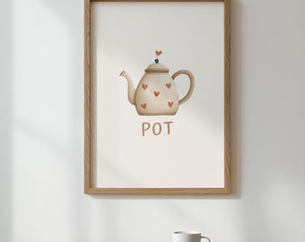 Rosa Herz Teekanne Druck, Shabby Chic Cafe Wandkunst (Digitaler Download)