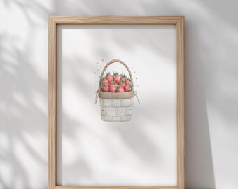Rustikaler Erdbeerkorb Aquarell Druck, rustikales Vichy Karo Bild (Instant Download)