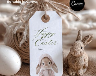 Bearbeitbare Osterkorbanhänger mit Aquarellhase, personalisiertes Kinder-Namensschild zum Ausdrucken, luxuriöses Kinderzimmer-Geschenketikett, Instant Canva-Vorlage