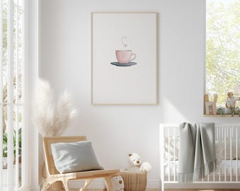 Aquarell Teetasse Druck, Rosa Kinderzimmer Dekor, gemütliche Küche Kunst (Digitaler Download)