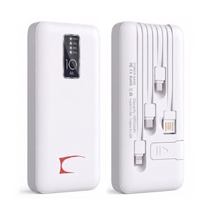 May include: A white power bank with a red logo and a digital display showing battery life and 10 Ah. The back features multiple charging cables and the text "POWER BANK" and "Capacity: 10000mAh".
