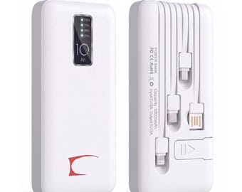 SOLEVCG PB-WH, 10000mAh Portable Power Bank with Built-in 3 Cables, Slim Fast Charging External Battery Pack for iPhone, Android, Samsung