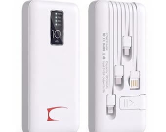 SOLEVCG PB-WH, 10000mAh Portable Power Bank with Built-in 4 Cables, Slim Fast Charging External Battery Pack for iPhone, Android, Samsung
