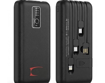 SOLEVCG PB-BLK, 10000mAh Portable Power Bank with Built-in 4 Cables, Slim Fast Charging External Battery Pack for iPhone, Android, Samsung