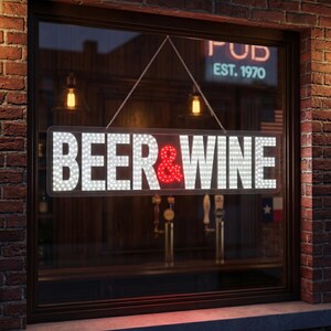 EPL Beer&Wine White/Red, LED 2G Blinking Sign, Eye-Catching, Super Bright, 7"x32", Remote, Business decor, Storefront display, Restaurant