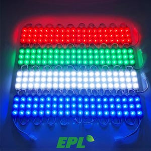 May include: Four horizontal rows of LED light modules connected by wires. The top row emits red light, the second row emits green light, the third row emits white light, and the bottom row emits blue light. The text EPL is printed in green.