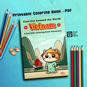May include: A printable coloring book titled "Cute Cat Around the World - Vietnam" with a cartoon cat illustration. The cover features the word "Vietnam" in red. Colored pencils and pencil shavings are arranged around the book on a blue surface.