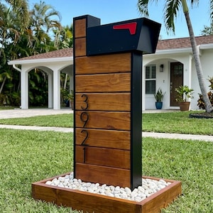 Modern locking Mailbox with Walnur Wood and Stone Base-Contemporary Outdoor Mailbox with Custom House Numbers