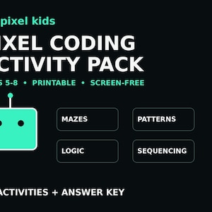 Pode incluir: Um gráfico digital preto com o texto crtlpixel kids PIXEL CODING ACTIVITY PACK AGES 5-8 PRINTABLE SCREEN-FREE. Inclui um ícone de robô verde-claro e quatro caixas rotuladas MAZES, PATTERNS, LOGIC, SEQUENCING, mais 20 ACTIVITIES + ANSWER KEY.