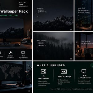 Minimalistisch ontwikkelaarsachtergrondpakket, donkere codeerachtergrond, bureaubladachtergrond voor programmeurs, 4K digitale download