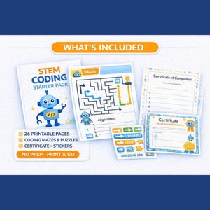 Coding Activity Pack for Kids, Robot Mazes and Logic Worksheets, Printable PDF