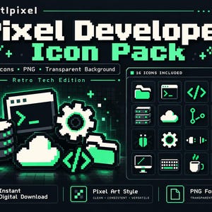 May include: A digital pixel art icon pack titled Pixel Developer Icon Pack Retro Tech Edition. It features 16 icons in PNG format with a transparent background, displaying various tech symbols in shades of green, white, and dark grey.