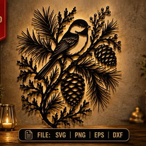 May include: A black metal wall art piece featuring a chickadee perched on a pine branch with two pinecones and needles. The design includes a red tag with the text 25% OFF and a bottom label with the text FILE: SVG | PNG | EPS | DXF.