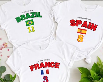 Custom Number Country World Cup Football Soccer Shirt For Men Women, USA Spain Brazil France England Argentina Germany Portugal Flag Tee
