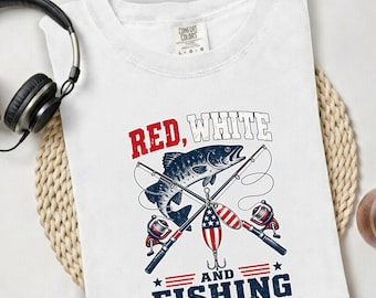 Red White and Fishing American 4th of July Shirt, Fisher Dad Grandpa T-shirt, Retro Fishing tee, Matching Patriotic Fisher Tee