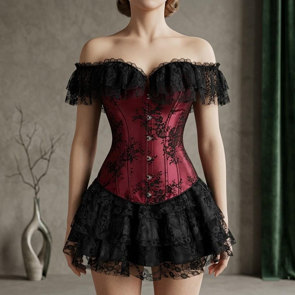 white christmas dresses Red Satin Black Tutu Skirt Burlesque Overbust Corset Dress Xs