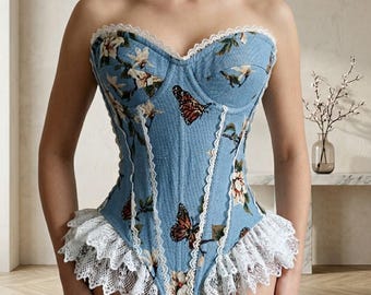 Blue Butterfly Lace Corset Overbust Steel Boned Bustier Waist Trainer