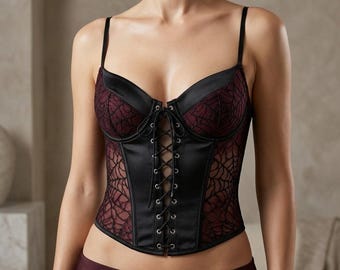 Vintage Grunge Lace Corset Top Women Red Black Crop Bustier Adjustable Straps
