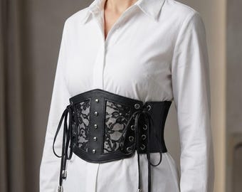 Black Lace-Up Gothic Corset Belt for Women Underbust Wide Waist Cincher