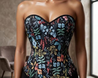 Floral Corset Top for Women Overbust Lace Up Bustier Gothic Halloween Costume